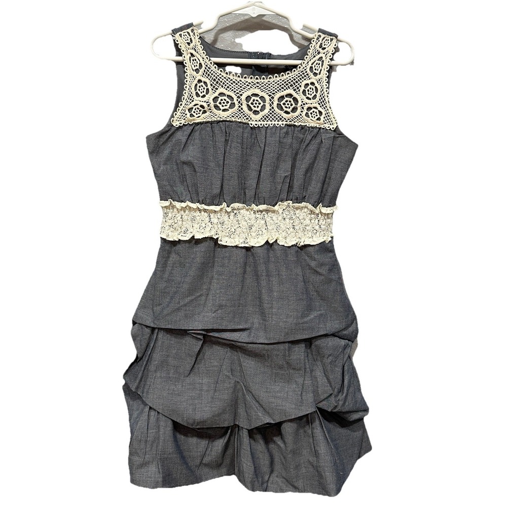 Sequin Hearts Dress Girls Size 7 Indigo Blue Crochet Lined Zip Up Sleeveless